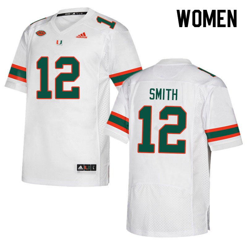 Women #12 Brashard Smith Miami Hurricanes College Football Jerseys Sale-White - Click Image to Close
